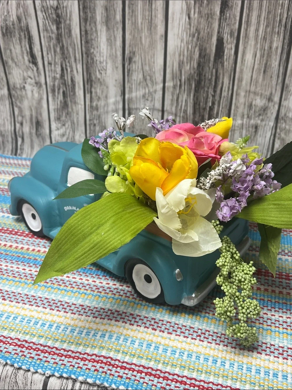 The Pioneer Woman Teal Vintage Truck Planter with Bright Faux Florals